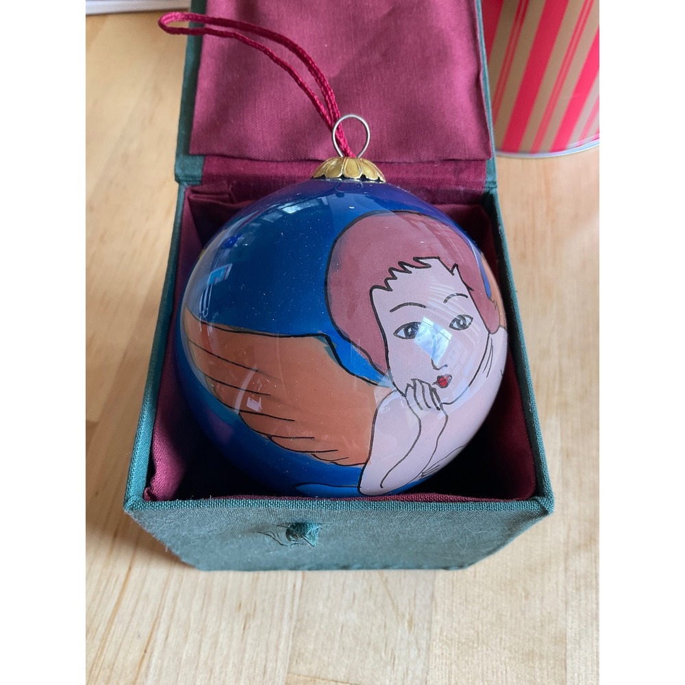 Hand Painted Glass Angel Christmas Ornament Blue Celestial Star Moon with Box